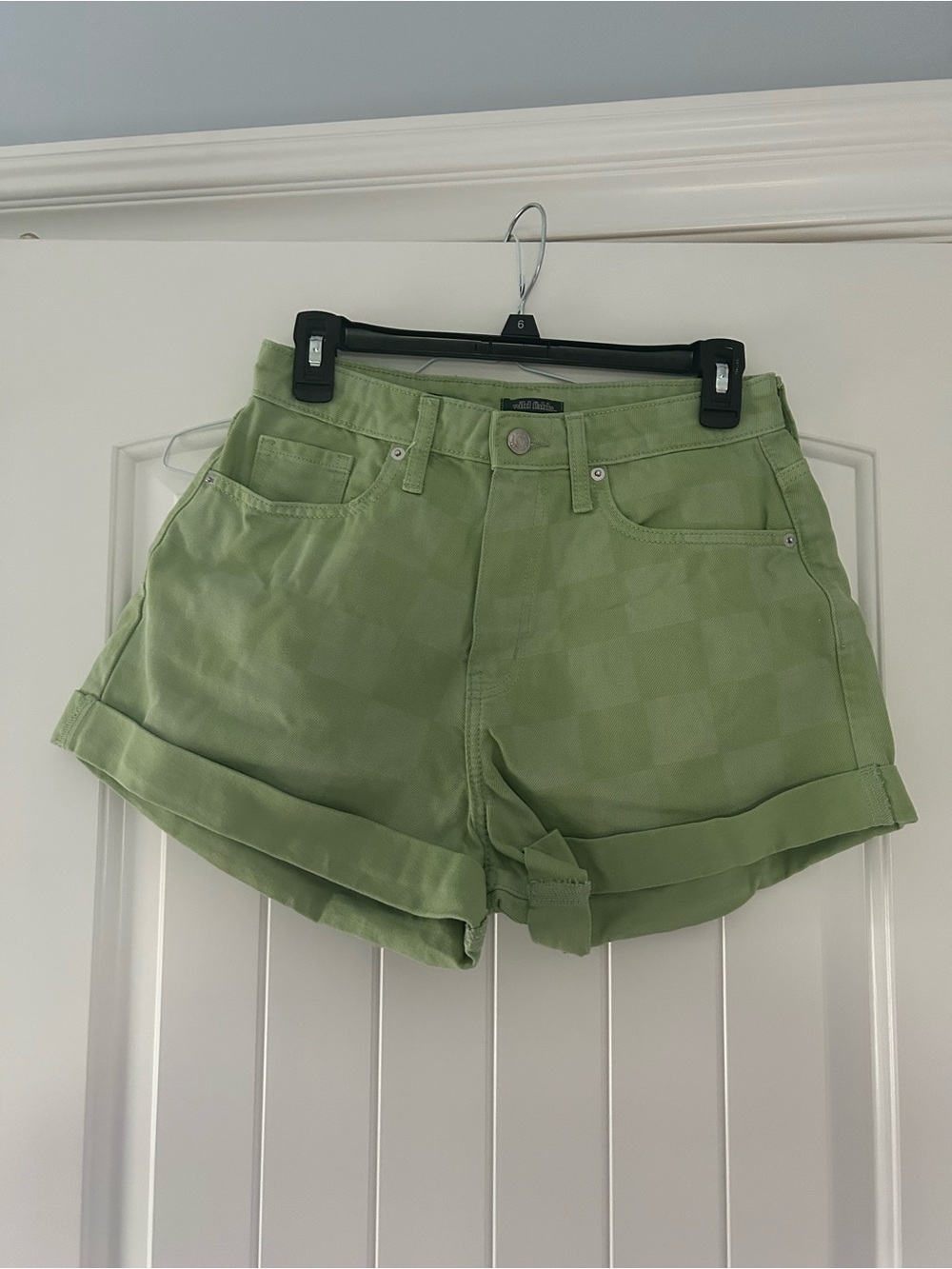 Wild Fable Light Green Checkered Roll-Cuff Jean Shorts